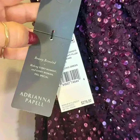 Adrianna Papell Sparkly Sequin Gown Slit Midnight Plum BRAND NEW TAGS - Picture 4 of 15